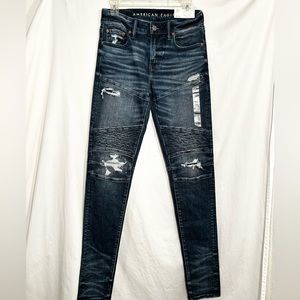 NEW MENS 30 X 38 AMERICAN EAGLE BLUE AIRFLEX+ DARKEN DESTROY SKINNY DENIM JEANS